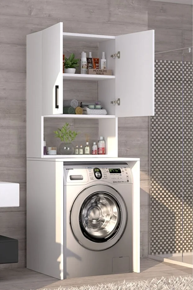 Üst Dolaplı Çok Amaçlı Çamaşır Makinesi Banyo Dolabı Beyaz